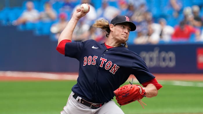 Aug 8, 2021; Toronto, Ontario, CAN; Boston Red Sox starting pitcher Garrett Richards (43) pitches to the Toronto Blue Jays during the first inning at Rogers Centre. Mandatory Credit: John E. Sokolowski-USA TODAY Sports